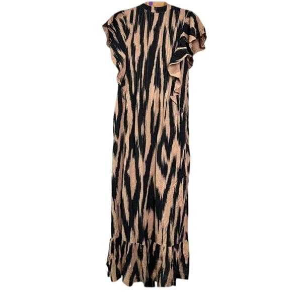 Maeve Cassandra Maxi Dress Flutter Sleeve Ruffle Hem Black Tan Womens Size XL - Picture 4 of 7